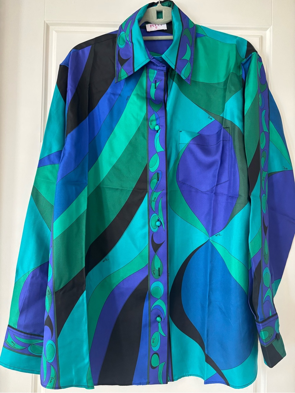 Emilio Pucci Teal, Turquoise & Royal Blue Silk Geometric Button-Up Blouse